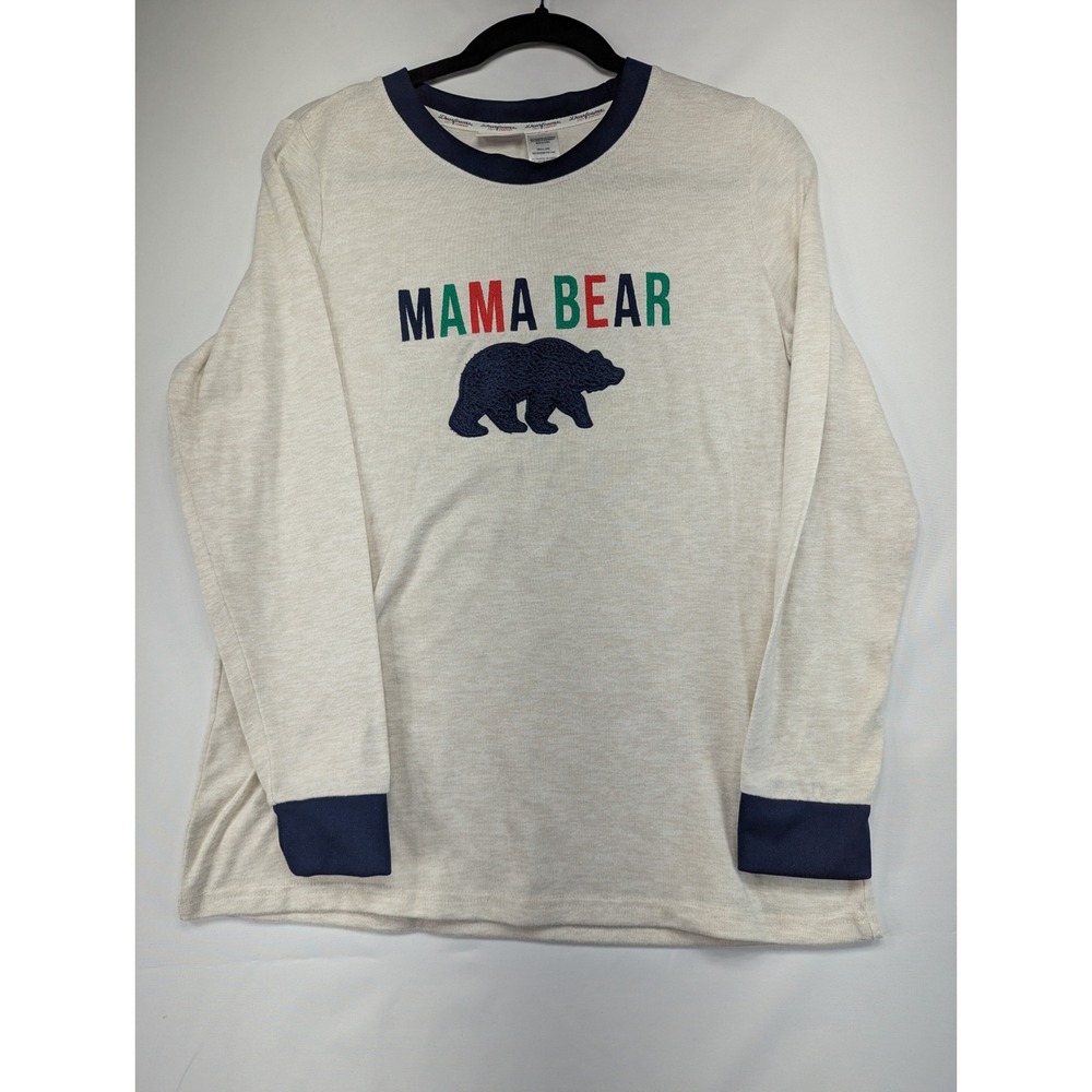 Dearfoams Mama Bear Pajama Top Womens Cream Navy Blue Long Sleeve Sleepwear S